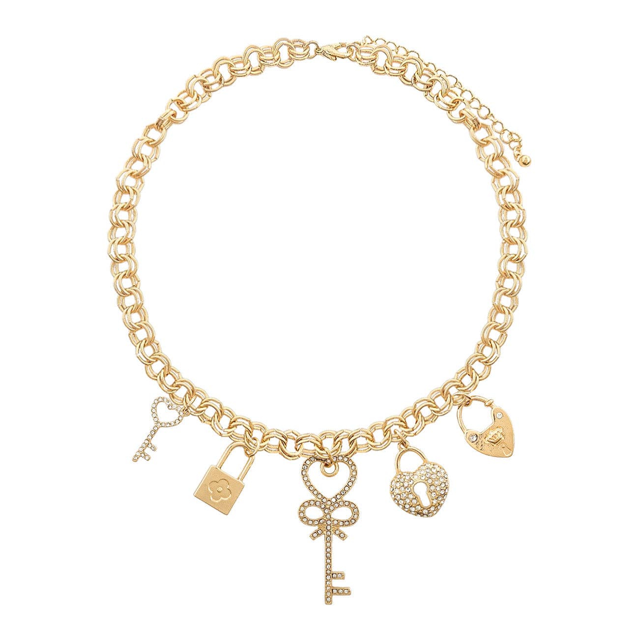 Gold Chain with Crystal Heart and Keylock Charms Necklace