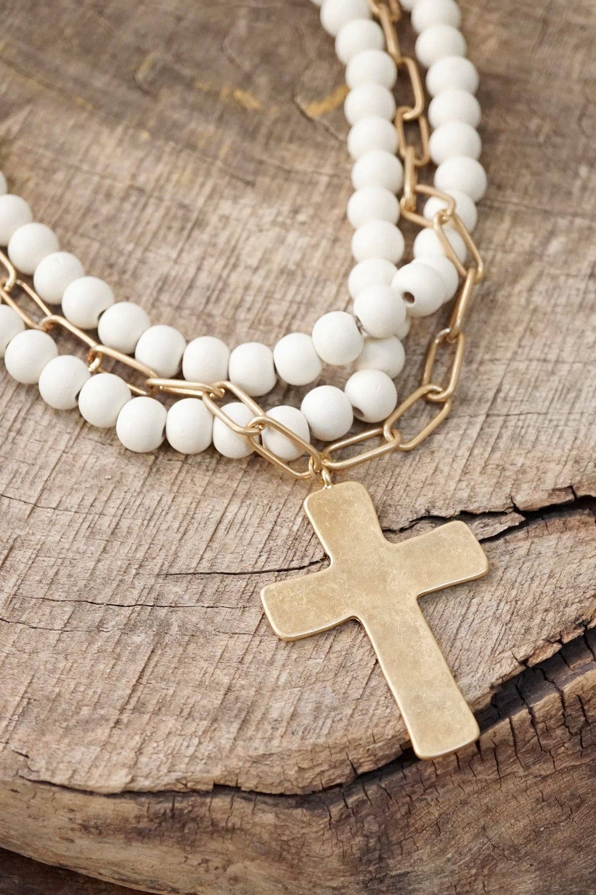 Multi Strand Wood Bead Cross Necklace