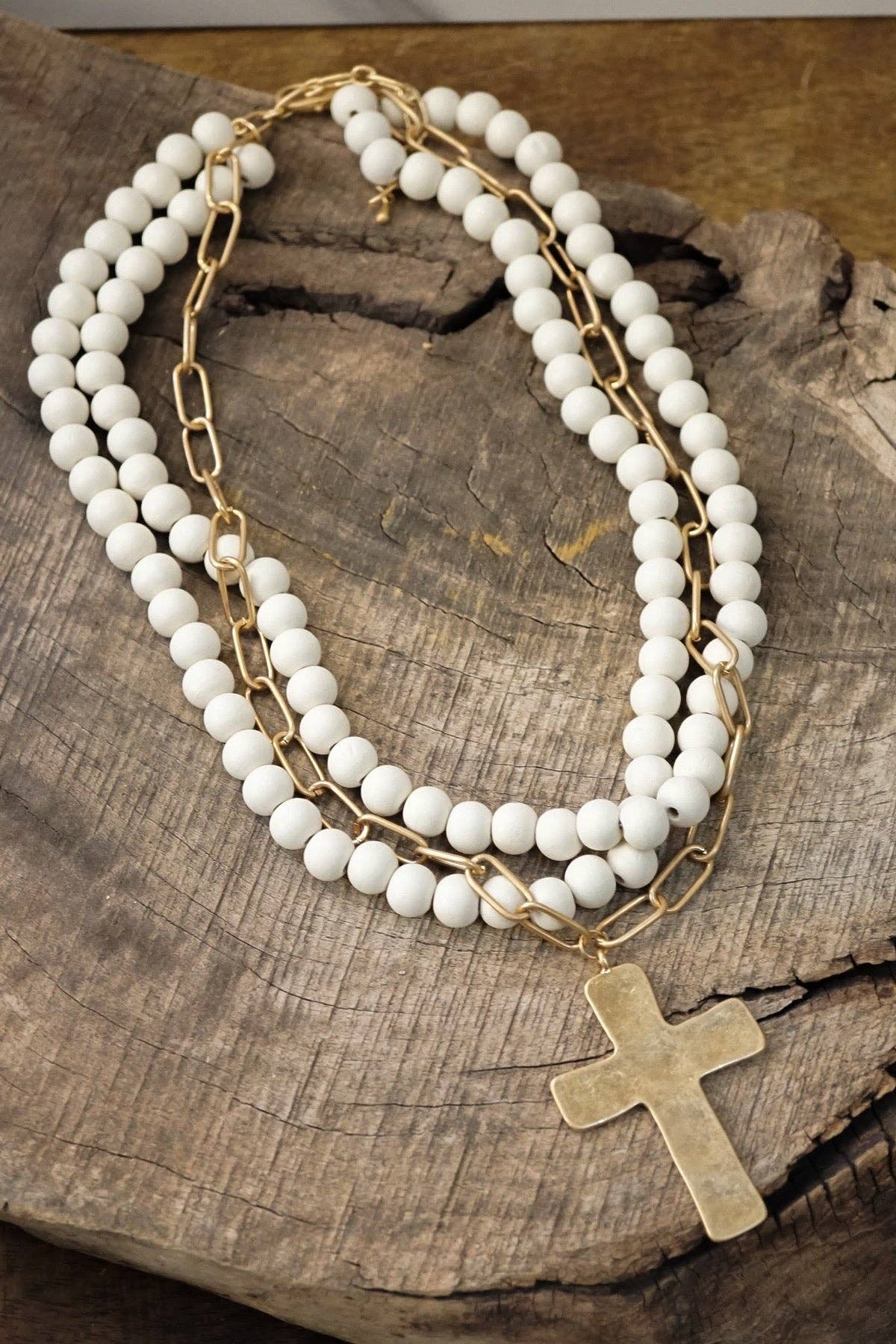 Multi Strand Wood Bead Cross Necklace