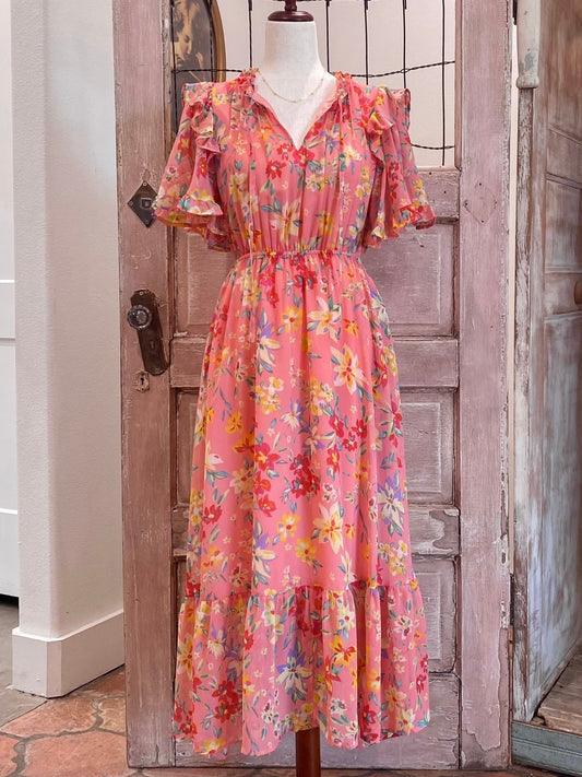 Flutter Sleeve Floral Midi Dress