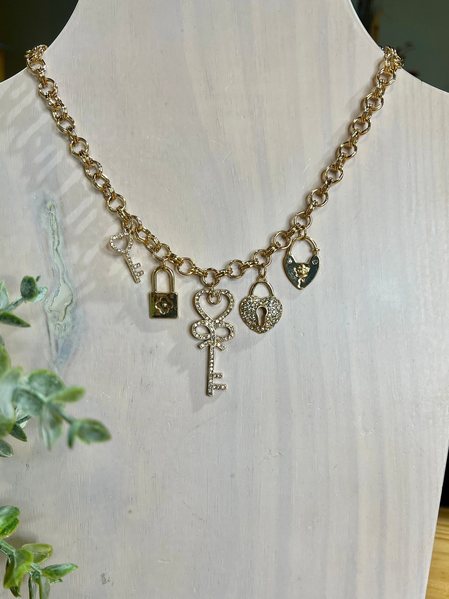 Gold Chain with Crystal Heart and Keylock Charms Necklace