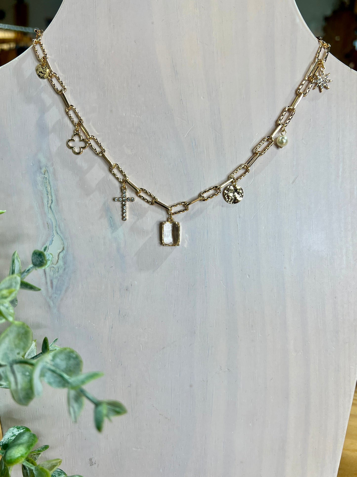 Clover, Cross, Crystal, Coin Charm Necklace