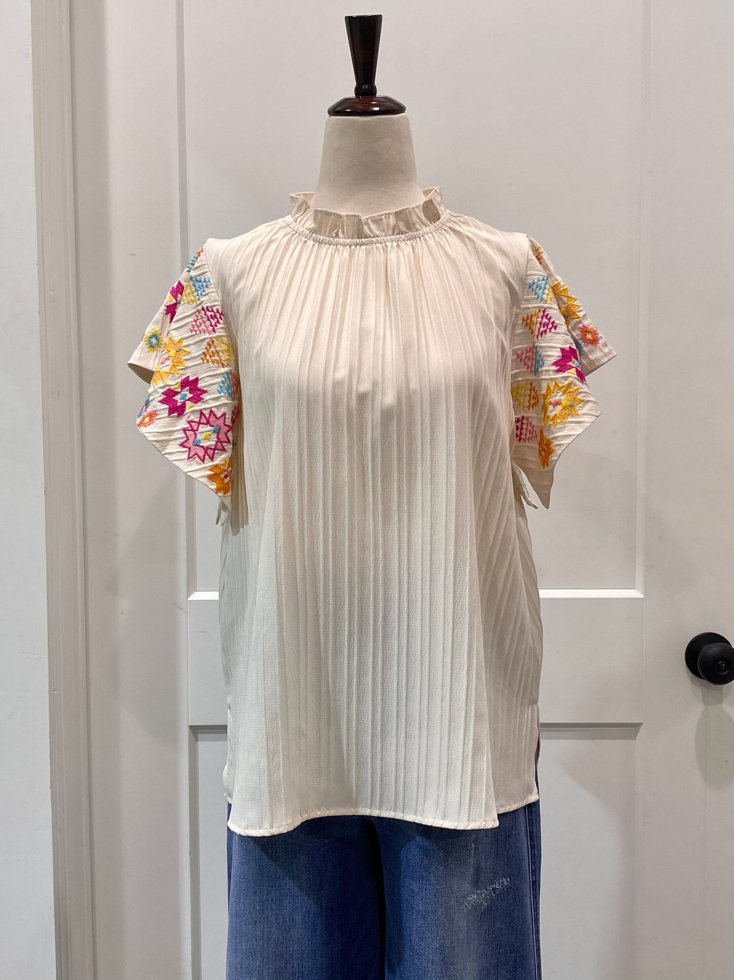 Embroidered Flutter Ruffle Sleeve Top