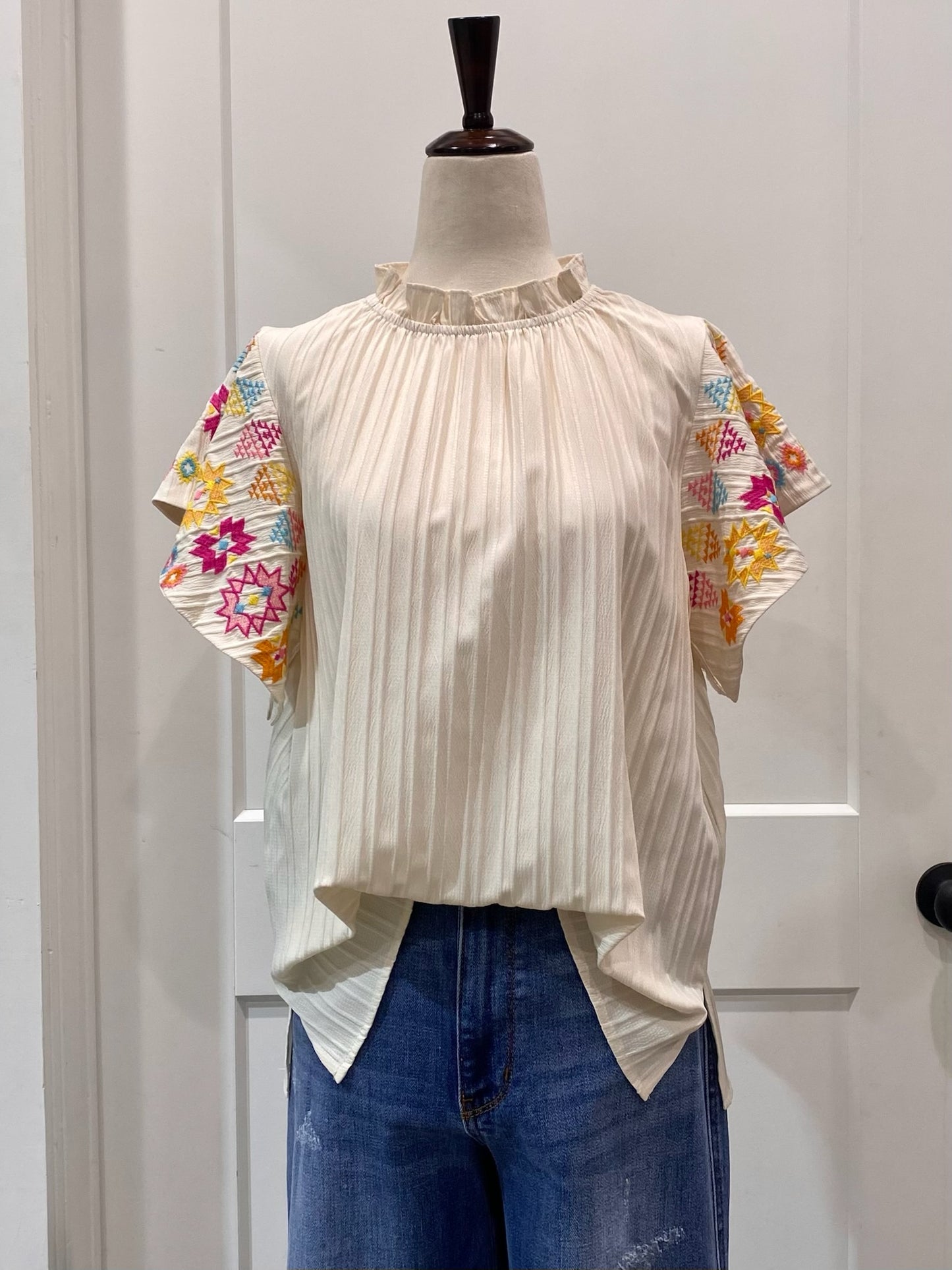 Embroidered Flutter Ruffle Sleeve Top