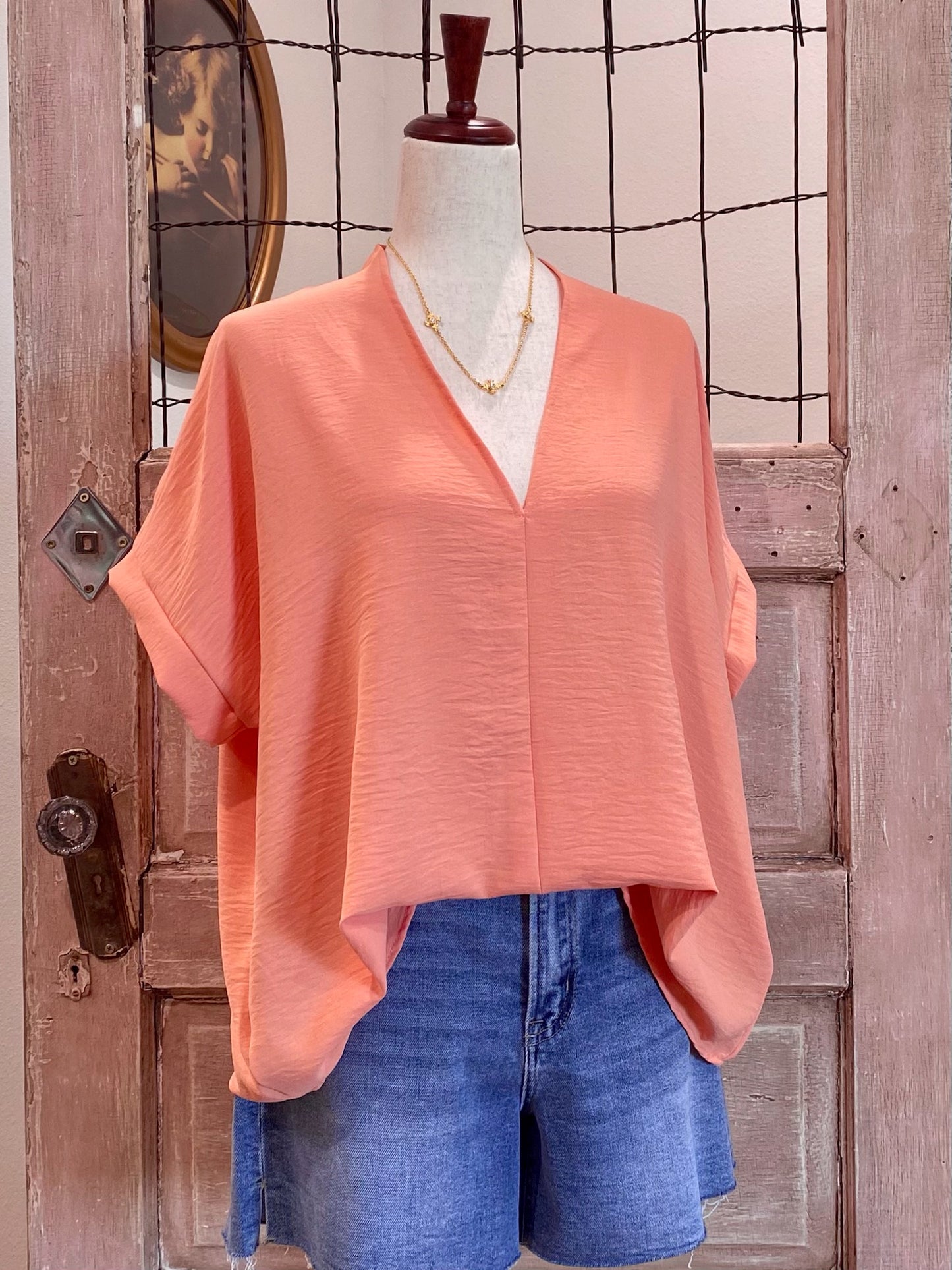 Oversized V-Neck with Folded Sleeves Top