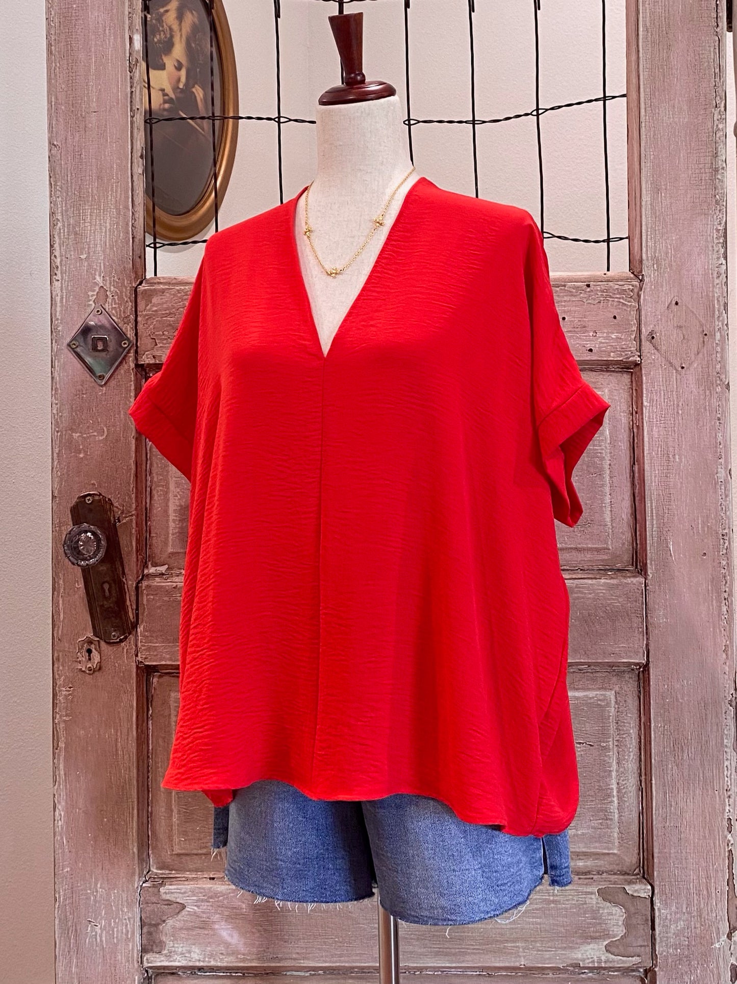 Oversized V-Neck with Folded Sleeves Top