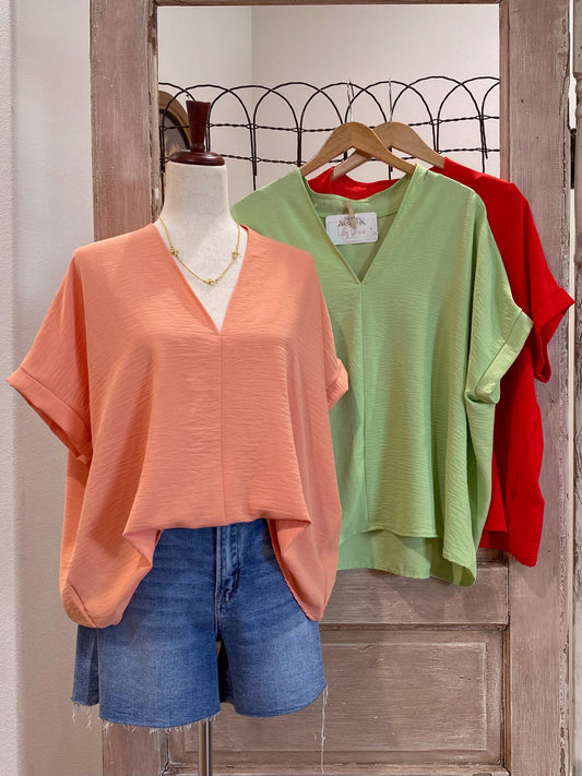 Oversized V-Neck with Folded Sleeves Top