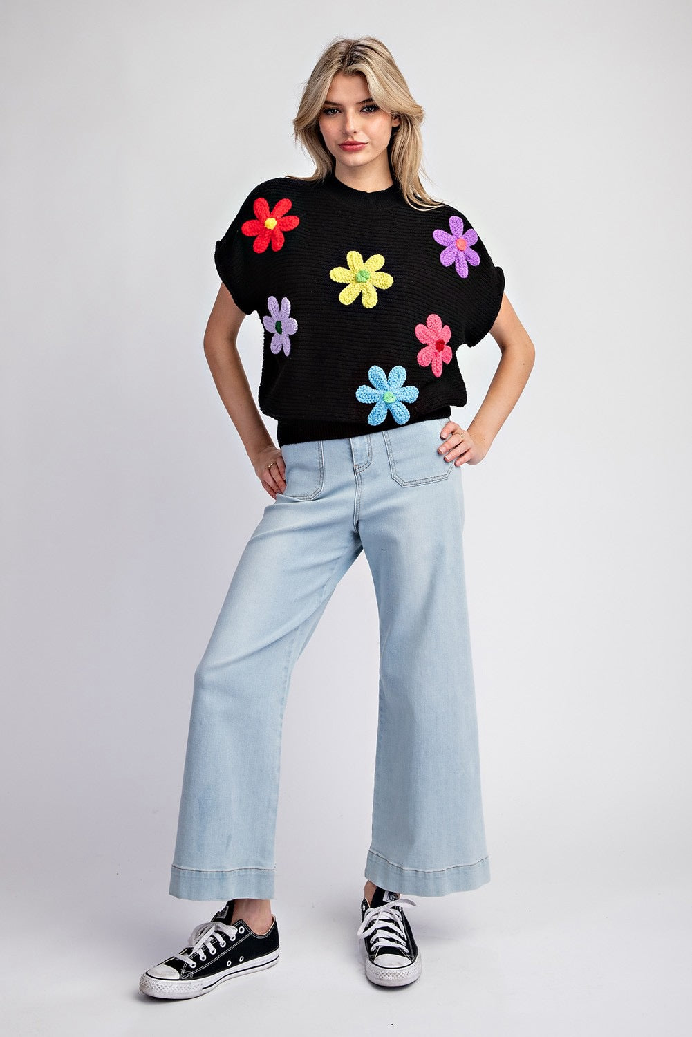 Flower Pattern Short Sleeve Sweater Top