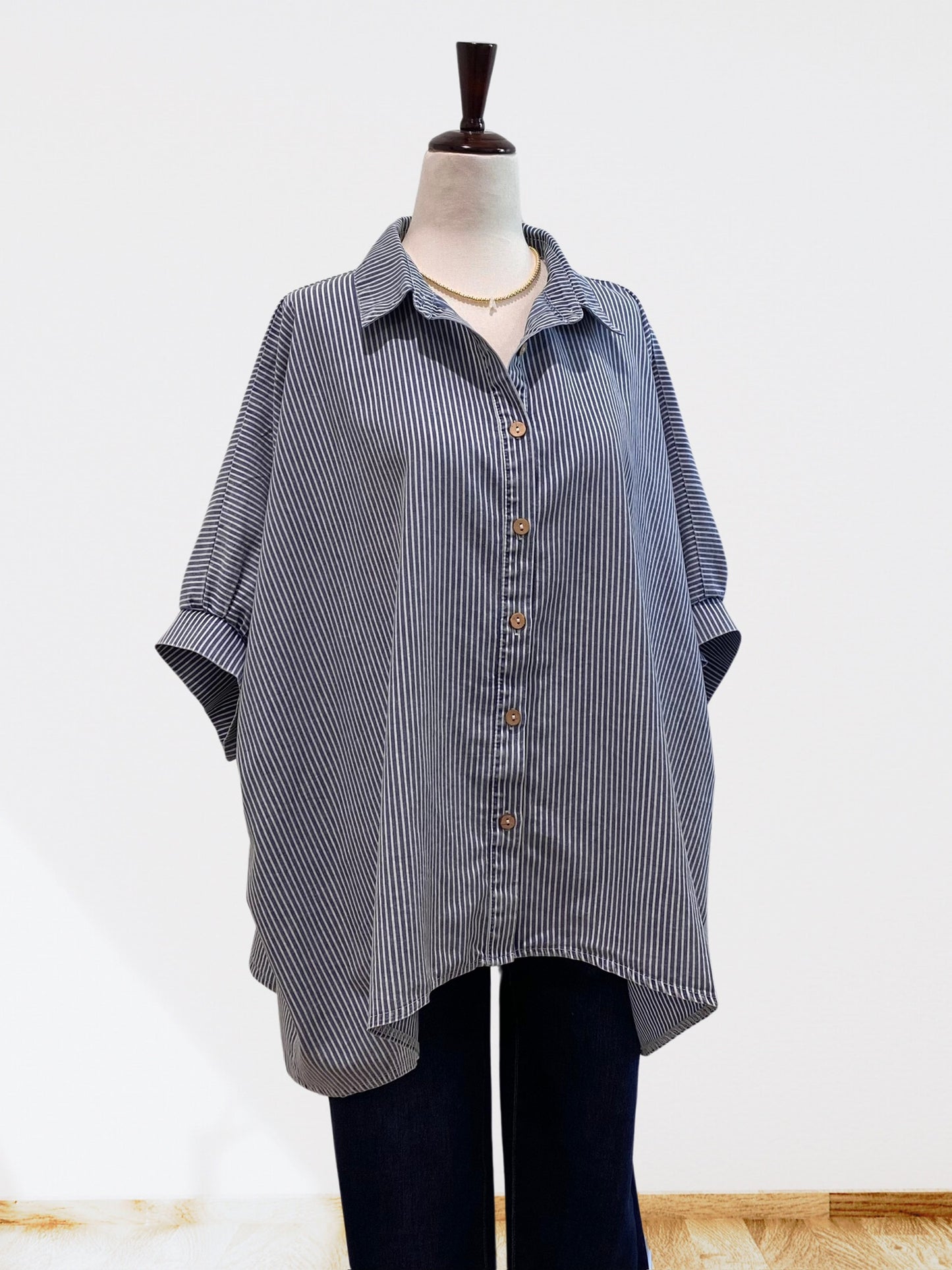 Washed Striped Print Dolman Button Down Shirt