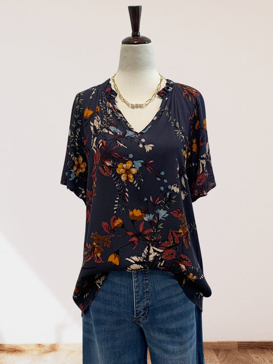 Floral Printed Top with Ruffled V Neck Detail