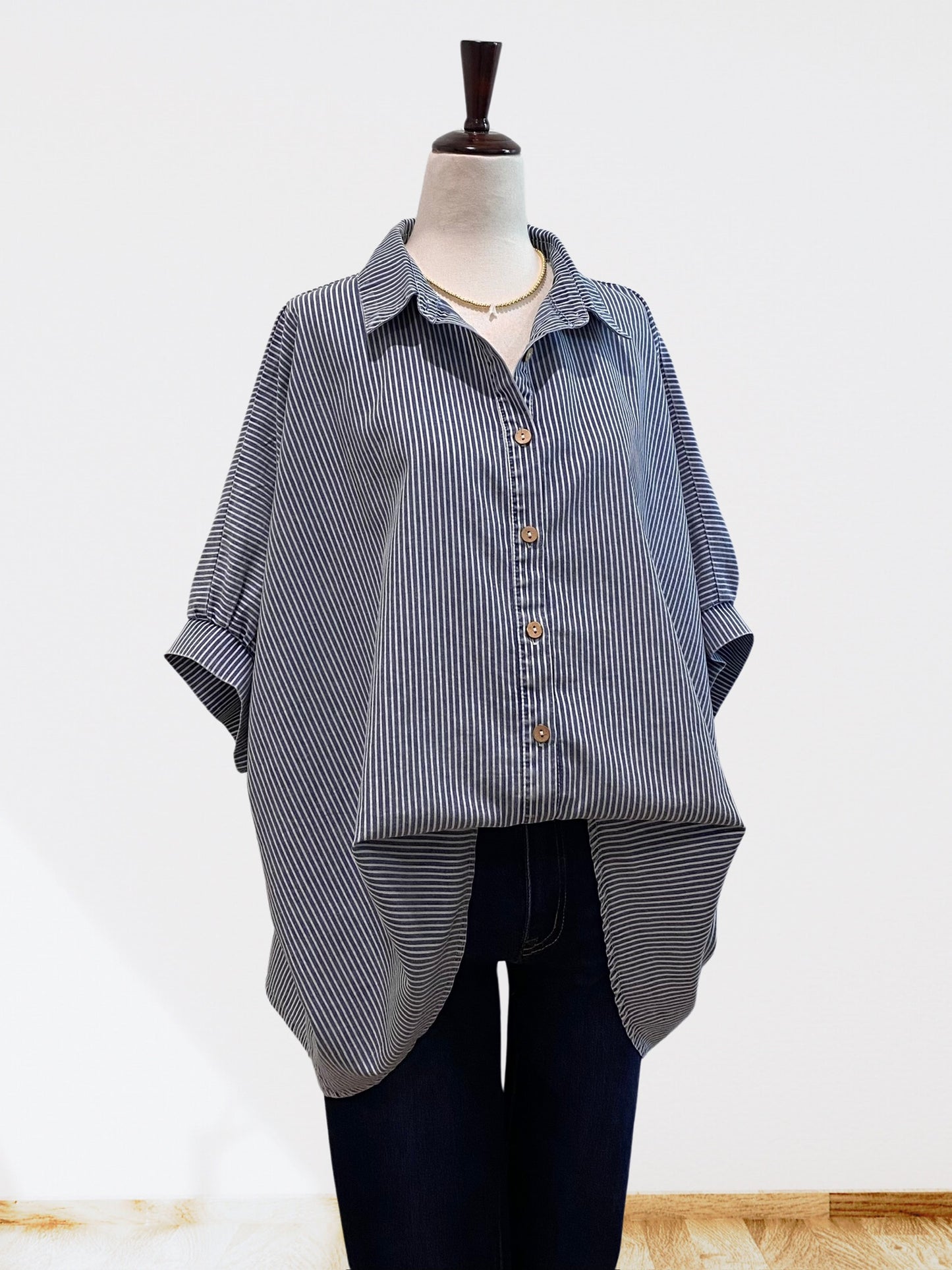 Washed Striped Print Dolman Button Down Shirt