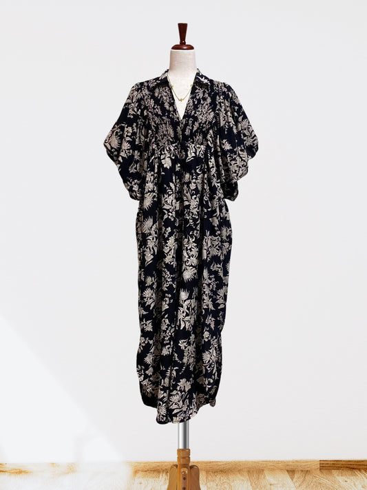 Black Floral Print V-Neck Midi Dress | XL-2XL