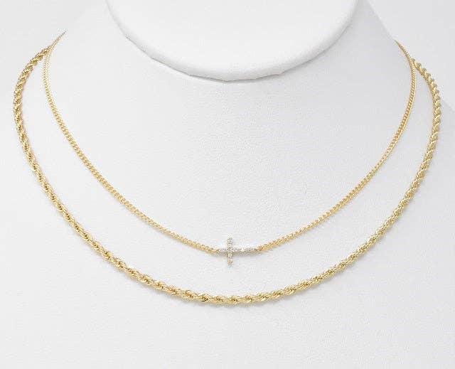 Gold Braided Rhinestone Cross Layered Necklace